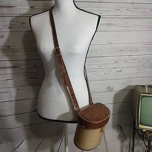 Vintage leather and straw basket bucket purse